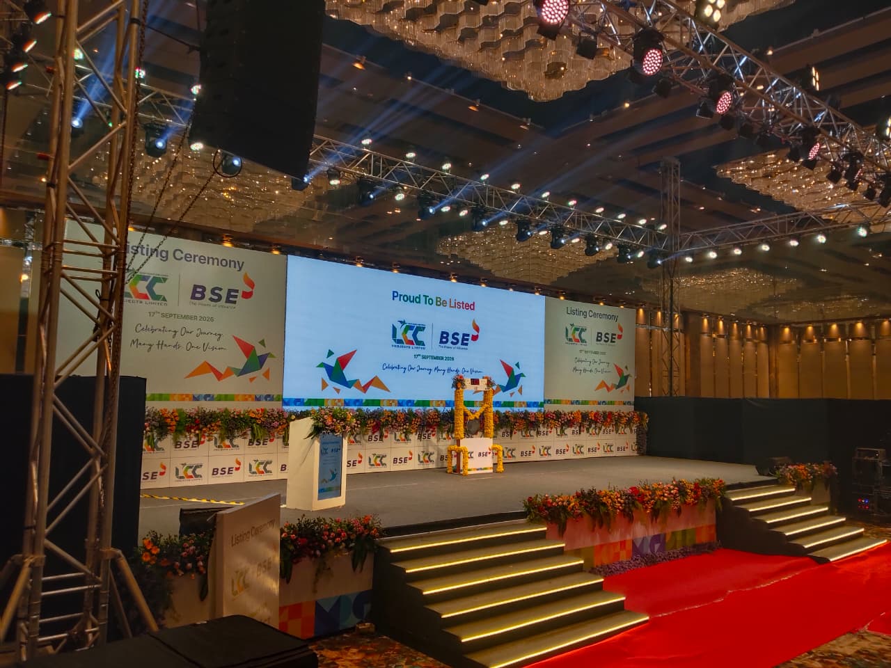 Corporate conference stage with high-definition LED video wall and podium